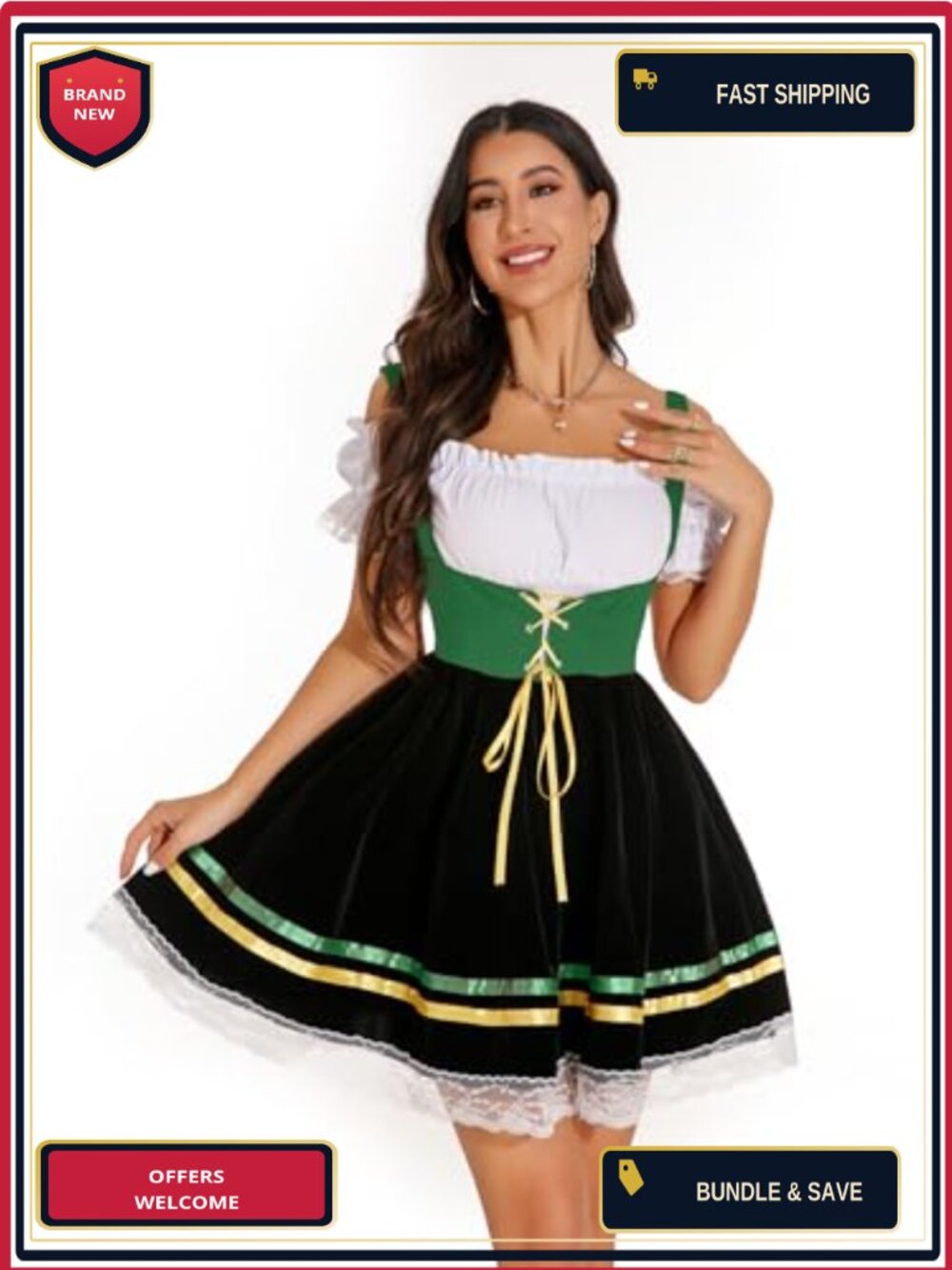 Oktoberfest Dirndl Dress Puff Sleeve Lace Ribbon Women Costume